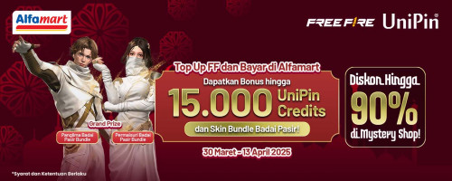 Buruan Top Up Free Fire Pakai Alfamart, Dapatkan Bonus 15.000 UniPin Credits dan Diskon Mystery Shop Hingga 90%